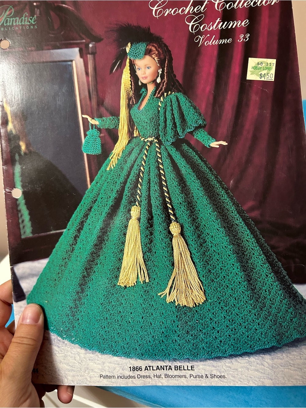 5/$25 Green Crochet Doll Gown with Gold Tassels